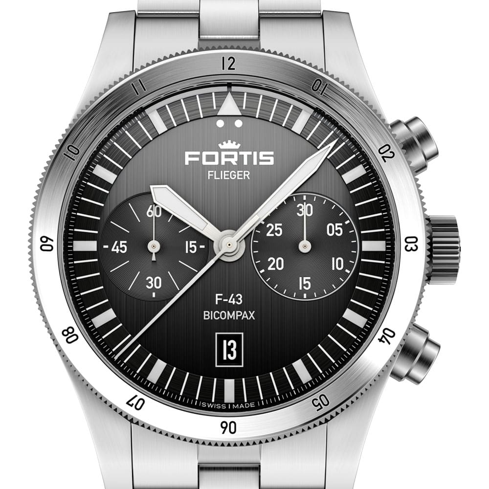 2 FORTIS Flieger F-43 Bicompax Black auf Block Bracelet F4240006