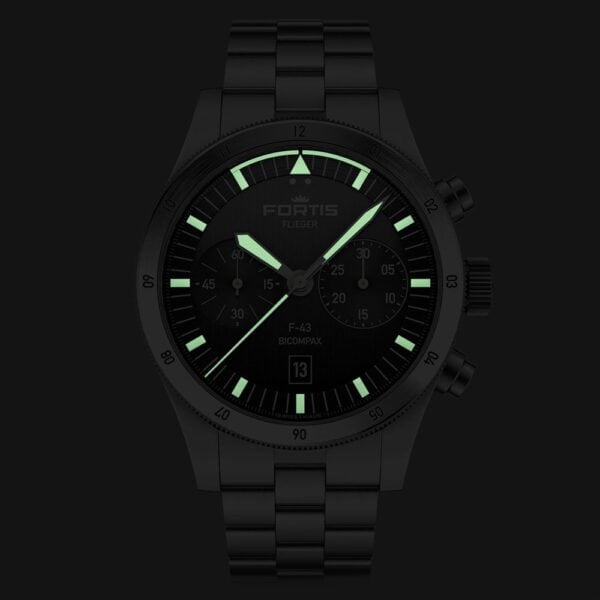 FORTIS Flieger F-43 Bicompax Petrol auf Block Bracelet F4240008